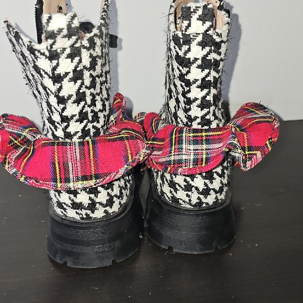 Betsey Johnson Houndstooth Combat Boots with Red Plaid Accent - Picture 8 of 8